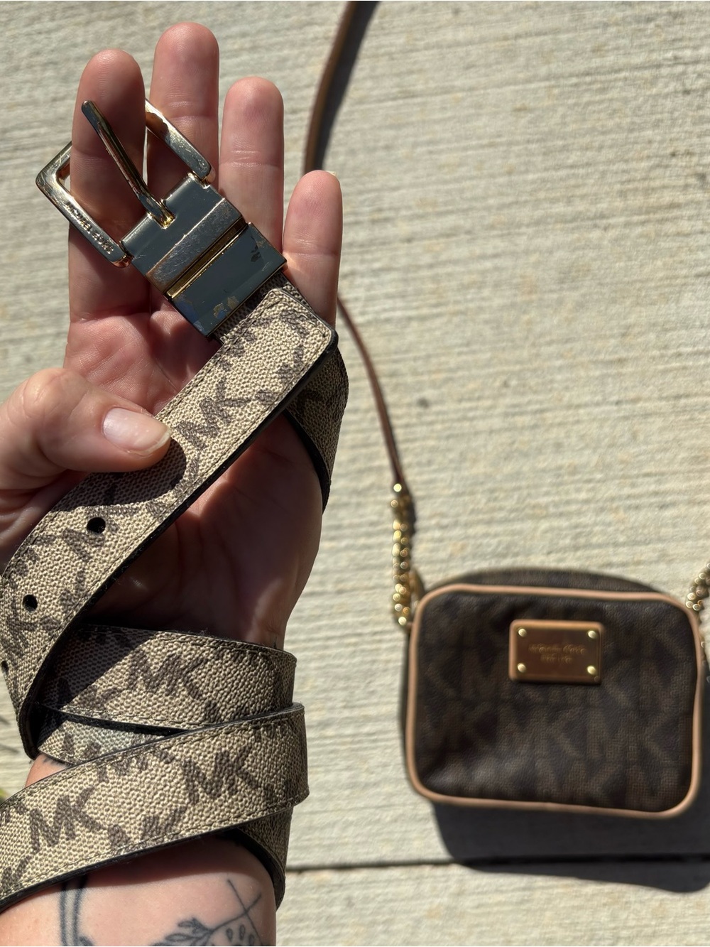 Michael Kors Bundle MK Logo Reversible Belt with Gold Buckle & Shoulder Bag
